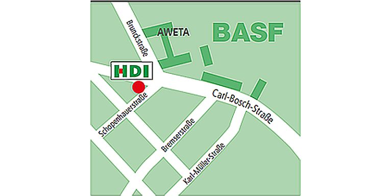Eine grüne Karte mit weißen Wegen und Straßennamen. An der Ecke Schopenhauerstraße und Carl-Bosch-Straße ist die HDI Agentur mit einem roten Punkt eingezeichnet.