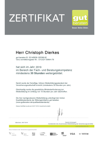 Zertifikat für die Weiterbildung im Bereich der Fach- und Beratungskompetenz 2019