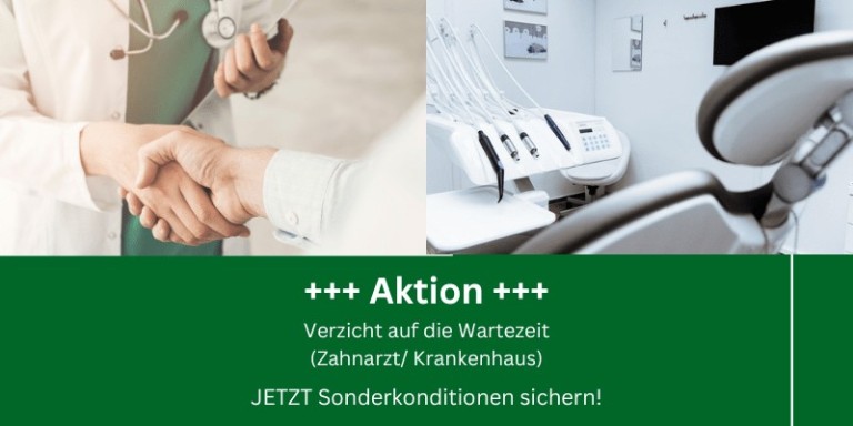 Teaser für Aktion - Verzicht auf die Wartezeit (Zahnarzt/Krankenhaus). Man sieht zwei Bilder, auf dem linken geben sich zwei Ärzte die Hand, auf dem rechten sieht man ein Behandlungszimmer.
 mit einer Trage und Geräten.
