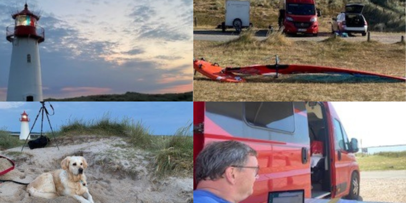 Collage mit vier bildern, oben links ist ein Leuchturm mit wolken und ornagen Himmel, oben rechts liegt ein Windsurfebrett auf dem Rasen, unten links liegt ein Hund im Sand dahinter ist ein Leuchttum mit dunklerem Himmel, unten rechts steht ein roter Van und das Portrait von Hans-Jürgen Dankers und in der Ferne erkennt man Wasser´