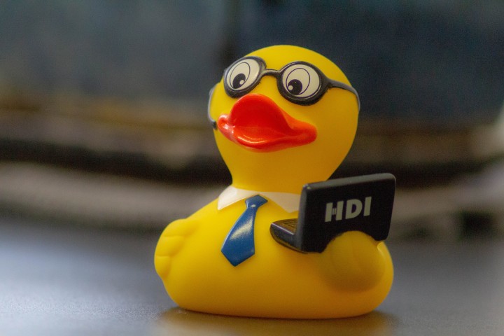 Bild von gelber Spielzeugente die einen Laptop mit dem HDI Logo in der "Hand" hält.