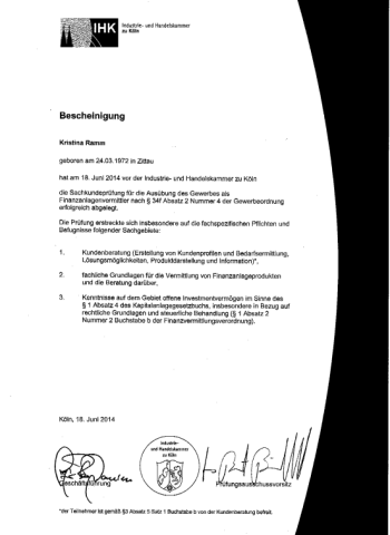 Zertifikat IHK Finanzanlagenvermittler