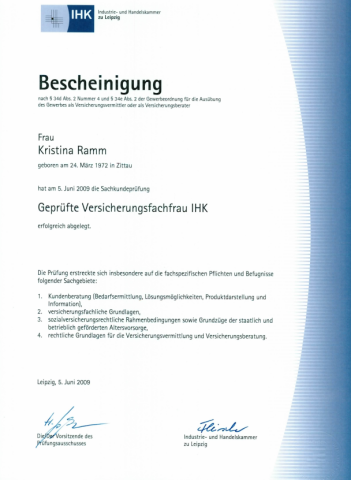 Zertifikat IHK Versicherungsfachfrau