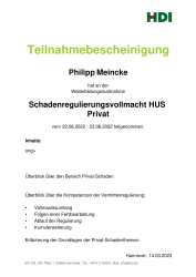 Teilnahmebescheinigung Schadenregulierungsvollmacht HUS Privat