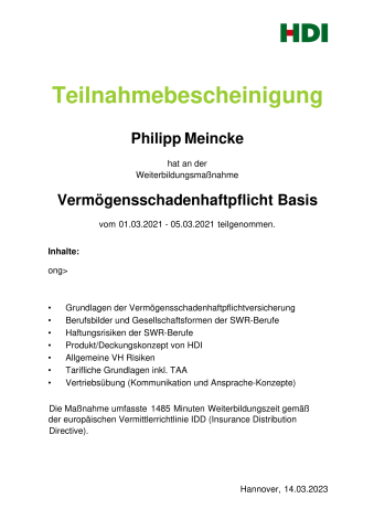 Teilnahmebescheinigung Vermögensschadenhaftpflicht Basis