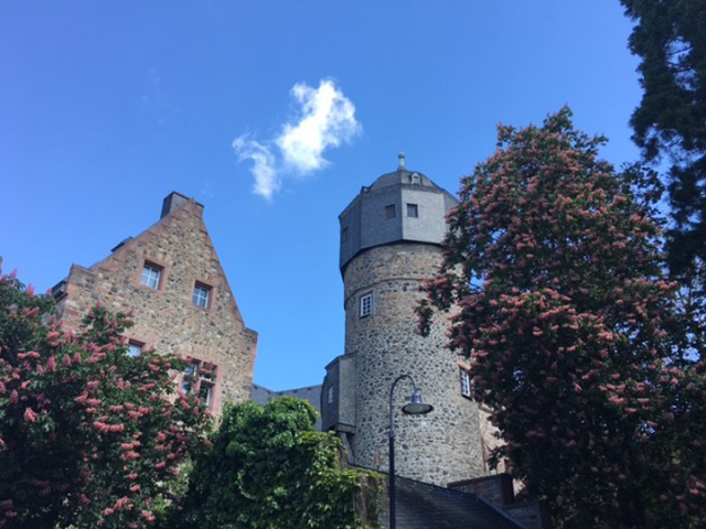 Steinhaus und Steinburg in Gießen mit grünen Bäumen und blauen Himmel