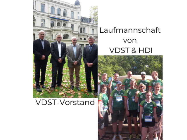 Man sieht zwei Bilder. Auf dem linken Bild ist der VDST-Vorstand zu sehen, bestehend aus vier Männern in Anzügen die vor einem Gebäude posieren. Auf dem andern Bild sieht man die Laufmannschaft von VDST & HDI, bestehend aus elf Personen. Alle tragen grüne Sport-Trikots.