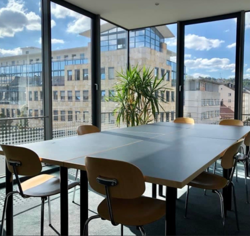 In der Mitte steht ein großer graue Tisch mit sieben Stühlen und in der Ecke steht eine grüne Pflanze. dahinter ist eine Fenstefront, draußen steht ein großes grau-braunes Haus mit einer langen Fensterfront, rechts daneben steht ein weißes Haus und ein blauer Himmel ist zu sehen