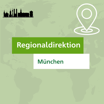 Grafische Darstellung der Regionaldirektion München mit grünem Hintergrund, Standort-Icon und Skyline-Element.