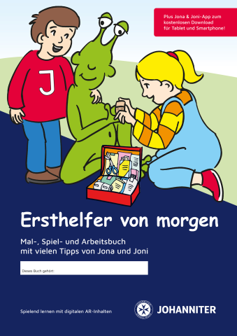 Bild mit zwei kinder und einem grünen Fabelwesen. Ein Mädchen verarztes das Fabelwesen und der Junge steht hinter dem Fabelwesen und beruhigt es mit einer Hand auf der rechten Schulter. Vor dem Fabelwesen steht ein Verbandskasten. Unten ist eine Aufsschrift mit Ersthelfer von morgen.