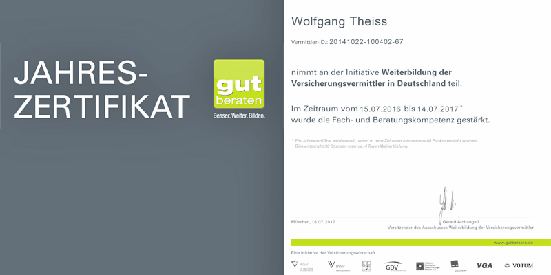 Zertifikat der Weiterbildung der Versicherungsvermittler in Deutschland, gültig  von 2016 bis 2017