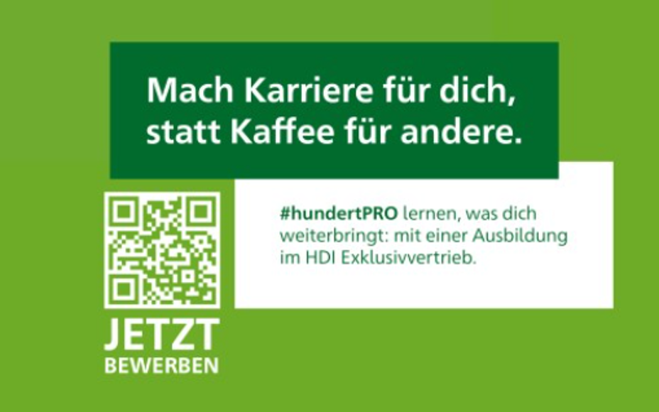 Grünes Werbebanner mit QR-Code und Call-to-Action „Jetzt bewerben“ für die HDI Karrierekampagne hundertPRO.