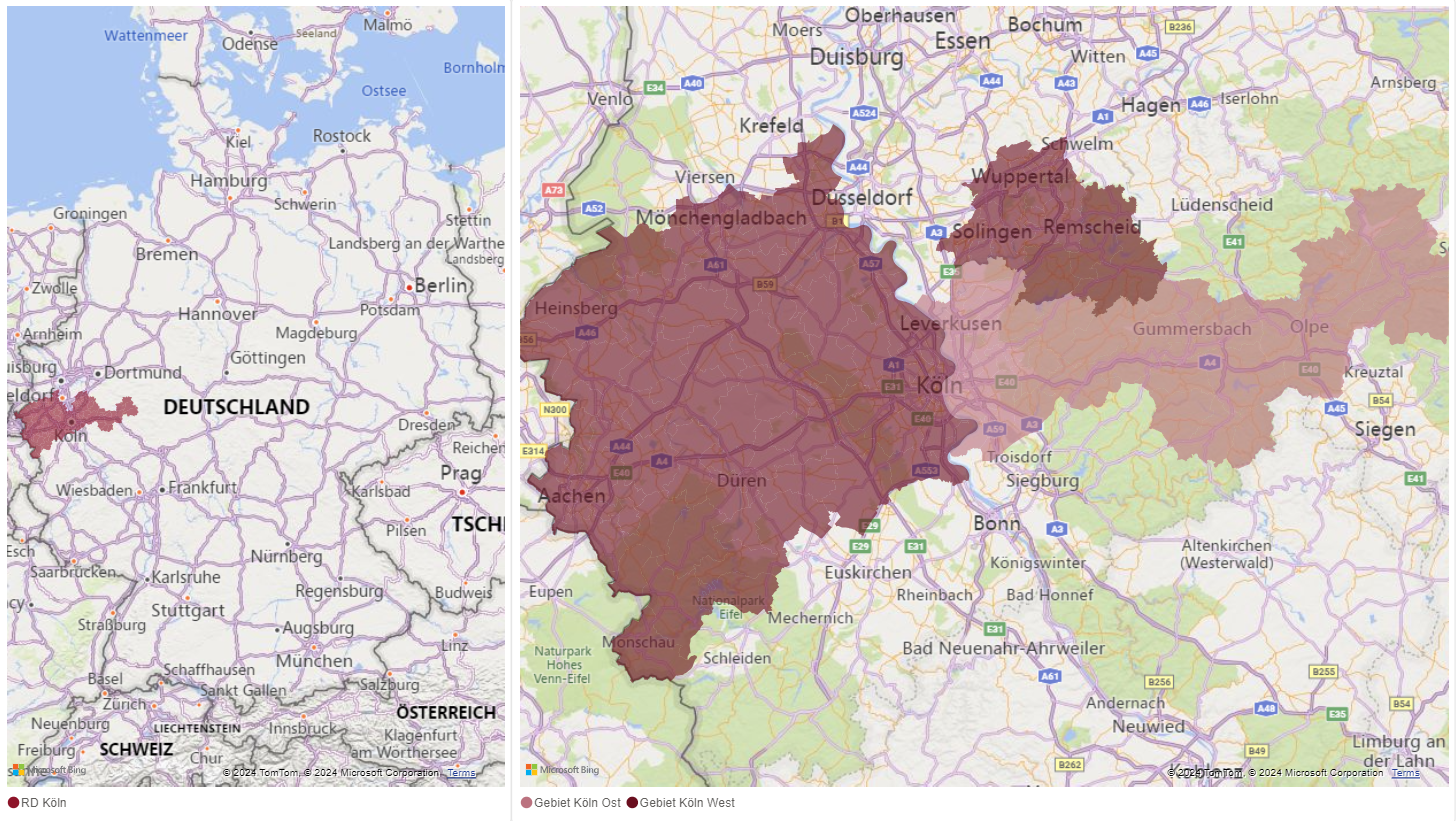 Kartendarstellung der Regionaldirektion Köln mit hervorgehobener geografischer Region innerhalb Deutschlands.