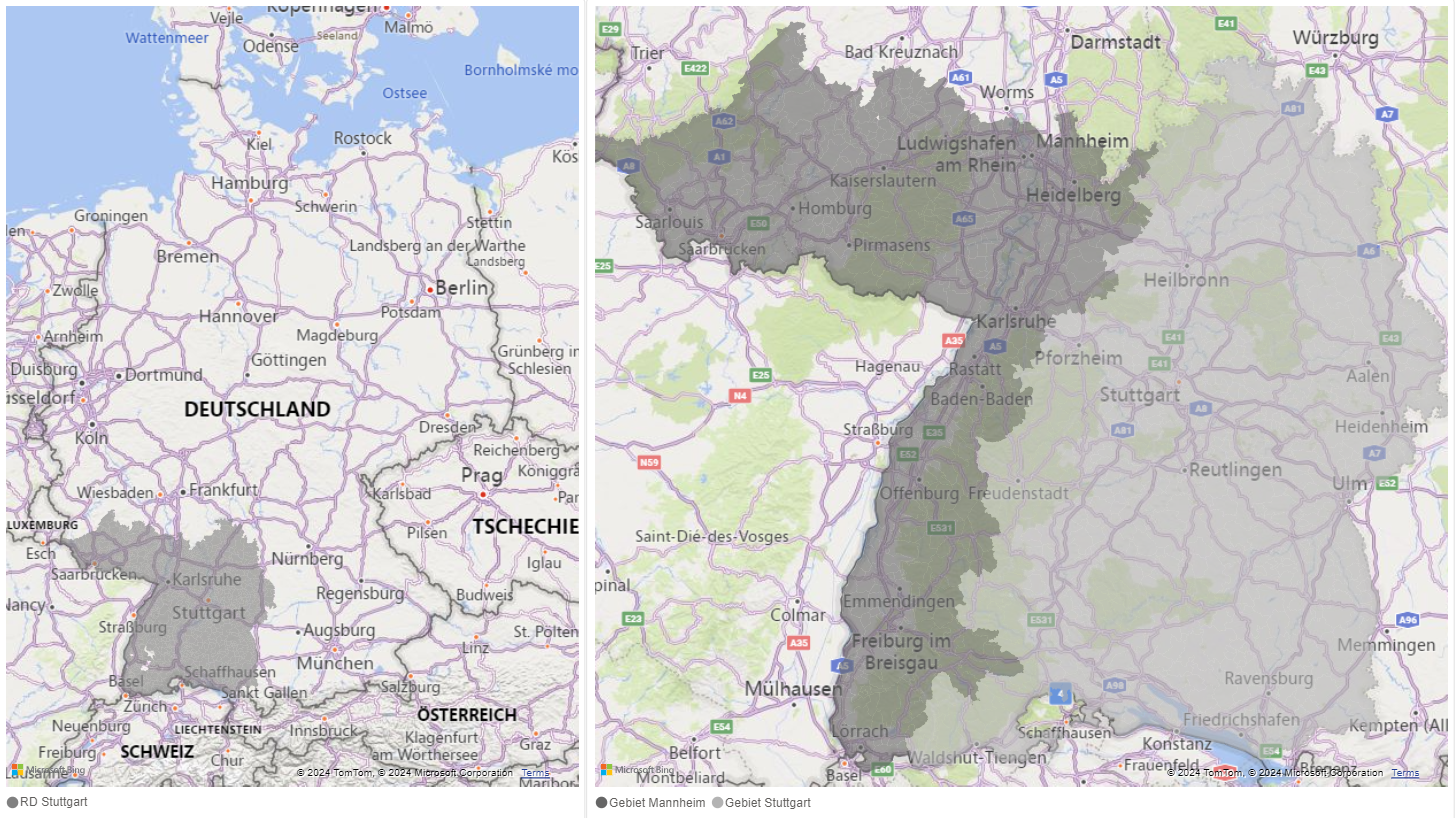 Kartendarstellung der Region Stuttgart mit hervorgehobener geografischer Fläche innerhalb Deutschlands.