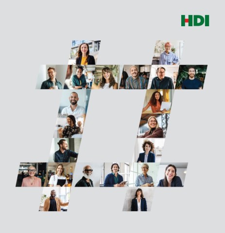 Viele Mitarbeiterbilder sind zu einem großen „#“ angeordnet, daneben ist das HDI-Logo sichtbar.
