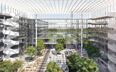 Blick von oben auf das U-förmige Hauptgebäude des HDI in Hannover