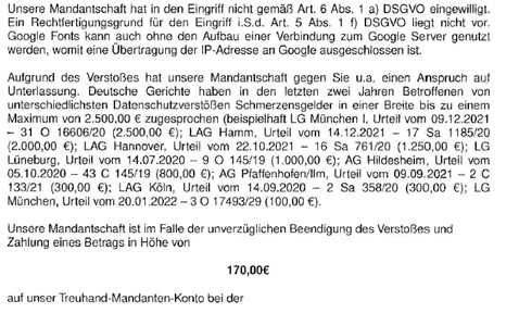 Bild von einem Textauszug, in dem es um eine Gerichtsurteil bezüglich Abmahnung geht.