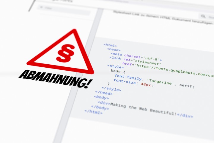 Bild von html-Code, der auf die Verwendung von Google-Fonts auf einer Webseite hinweist, daneben ein großes rotes Achtungzeichen mit einem roten Paragraphen darauf