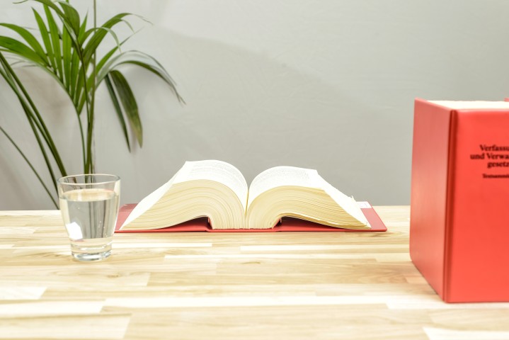 Ein dickes aufgeschlagenes Buch liegt auf einem hellen Holzschreibtisch, rechts daneben steht ein Gesetzestext mit rotem Einband, links im Hintergrund eine Grünpflanze und im Vordergrund ein Wasserglas.