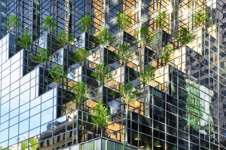 Moderne Architektur mit viel Glas und Dachbegrünung in verschiedenen Ebenen