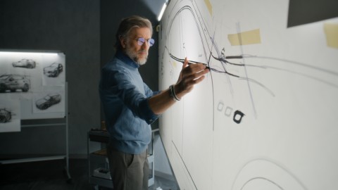 Grauhaariger Architekt mit Bart und Brille in blauem Hemd zeichnet eine große Skizze auf ein digitales Board
