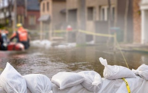 Überflutete Straßen mit Deichen aus weißen Sandsäcken, im Hintergrund rettet die Wasserwacht jemanden mit einem roten Schlauchboot