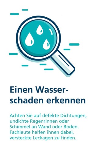 Lupe mit Wassertropfen drumherum mit Text darunter: Einen Wasserschaden erkennen