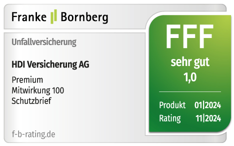 Siegel von Franke & Bornberg, das den Premiumtarif der HDI Unfallversicherung mit FFF sehr gut ausweist mit Stand 11/2024