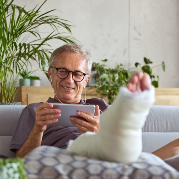 Krankentagegeld Senior-Mann mit gebrochenem Bein zu Hause