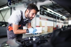Mechaniker mit grauer Latzhose beugt sdich in den Motorraum eines Autos, das in einer Werkstatt steht und inspiziert etwas