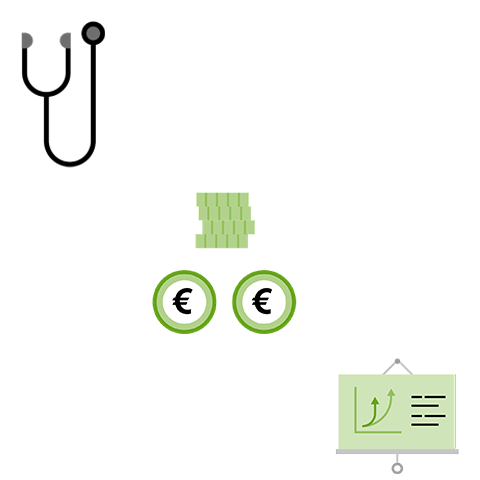 Symbolgrafik zur vereinfachten BU-Gesundheitsprüfung mit Stethoskop, Euro-Symbolen und Wachstumsdiagramm
