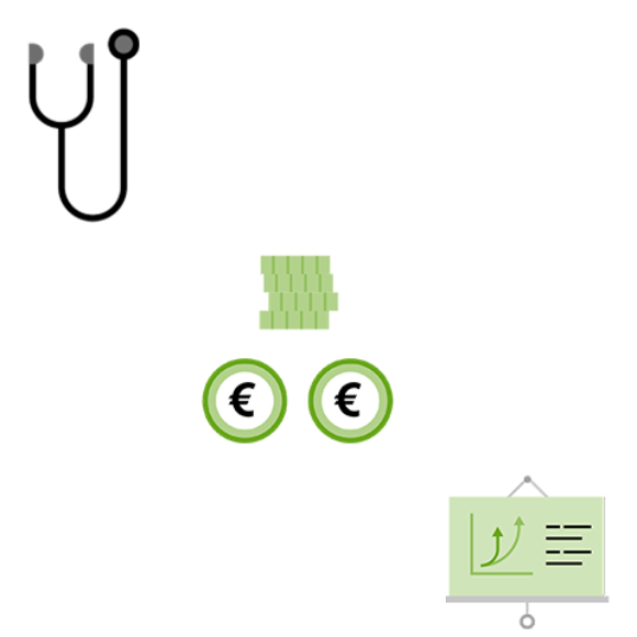 Symbolgrafik zur vereinfachten BU-Gesundheitsprüfung mit Stethoskop, Euro-Symbolen und Wachstumsdiagramm