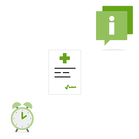 Symbolgrafik zu Highlights wie keine Meldepflicht oder Teilzeitklausel mit Infobutton, Rezeptformular und Uhr