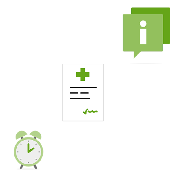 Symbolgrafik zu Highlights wie keine Meldepflicht oder Teilzeitklausel mit Infobutton, Rezeptformular und Uhr