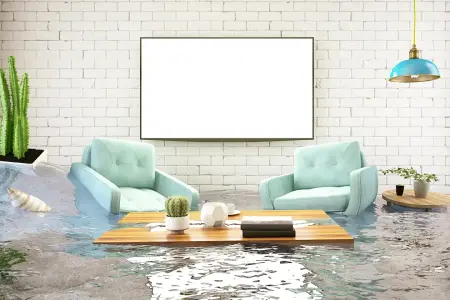 Überflutetes Wohnzimmer mit zwei Sesseln, Couchtisch und Wandbild vor weißer Backsteinwand – Symbolbild für einen Wasserschaden.