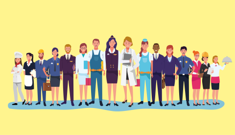 Illustration verschiedener Berufsgruppen – darunter Ärztin, Pflegekraft, Handwerker, Pilotin, Polizist und Gastronomiepersonal