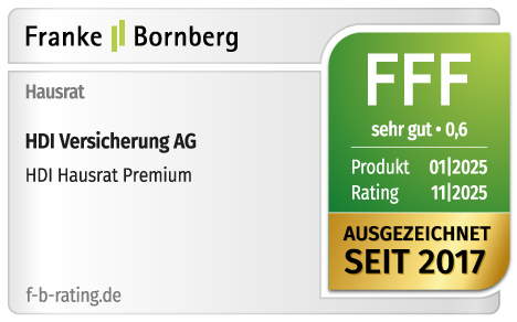 Siegel Franke und Bornberg zeichnet den Premium-Tarif der HDI Hausratversicherung mit FFF "sehr gut" aus.