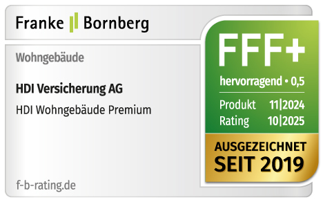 Siegel von Franke & Bornberg zeichnet den Premium-Tarif der HDI Wohngebäudeversicherung mit FFF+ aus, Stand Oktober 2025