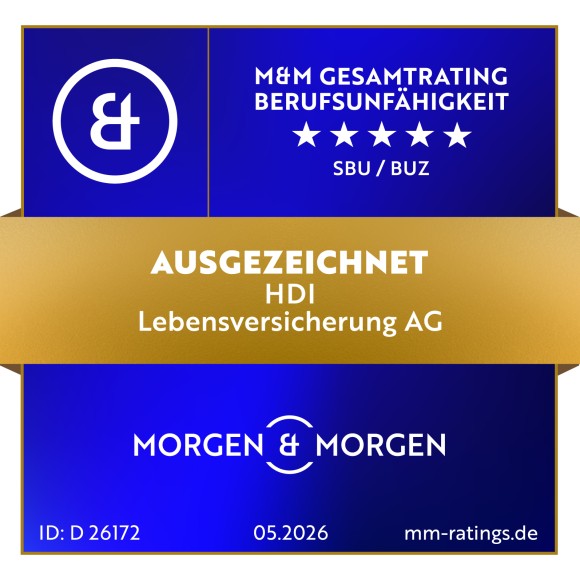 Siegel Morgen & Morgen zeichnet HDI Berufsunfähigkeitsversicherung im Mai 2026 mit fünf Sternen als ausgezeichnet aus