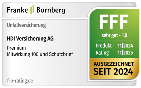 Siegel von Franke & Bornberg, das den Premiumtarif der HDI Unfallversicherung mit FFF sehr gut ausweist mit Stand 11/2025