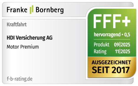 Siegel Franke und Bornberg zeichnet den Tarif Motor Premium der HDI Kfz-Versicherung mit FFF+ als ausgezeichnet aus