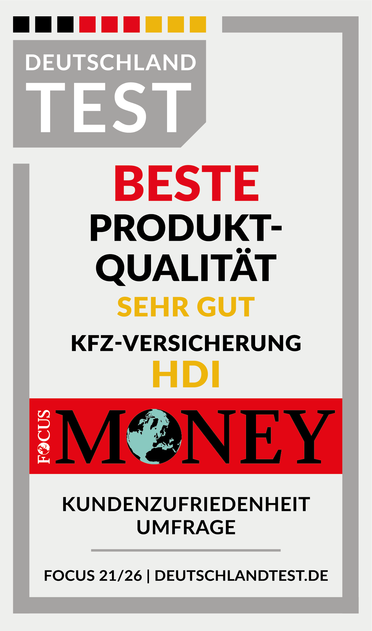 Fokus Money Gütesiegel für Beste Produkt-Qualität für HDI KFZ-Versicherung mit Note "sehr gut" aus Kundenzufriedenheit Umfrage.
