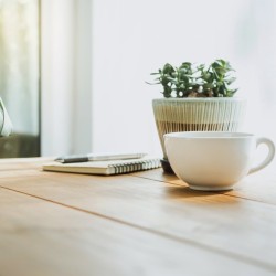 Tasse und Blume auf einem hellen Holztisch 