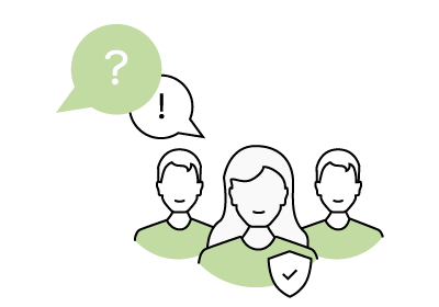 Icon mit Kundenservice-Team und Sprechblasen für Fragen und Feedback