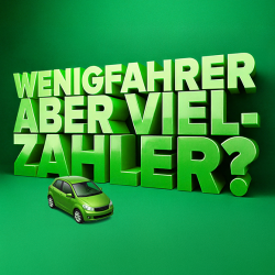 Grafik grüne 3D-Schrift Wenigfahrer aber Vielzahler? mit einem grünen Auto klein davor auf einem grünen Hintergrund